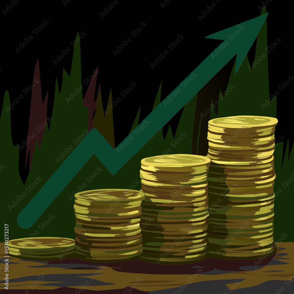 Poster stacks of coins with an upward pointing green arrow