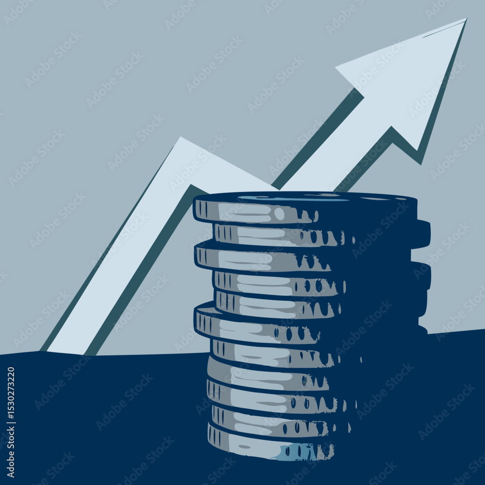 Poster stack of coins with an upward trending arrow behind it