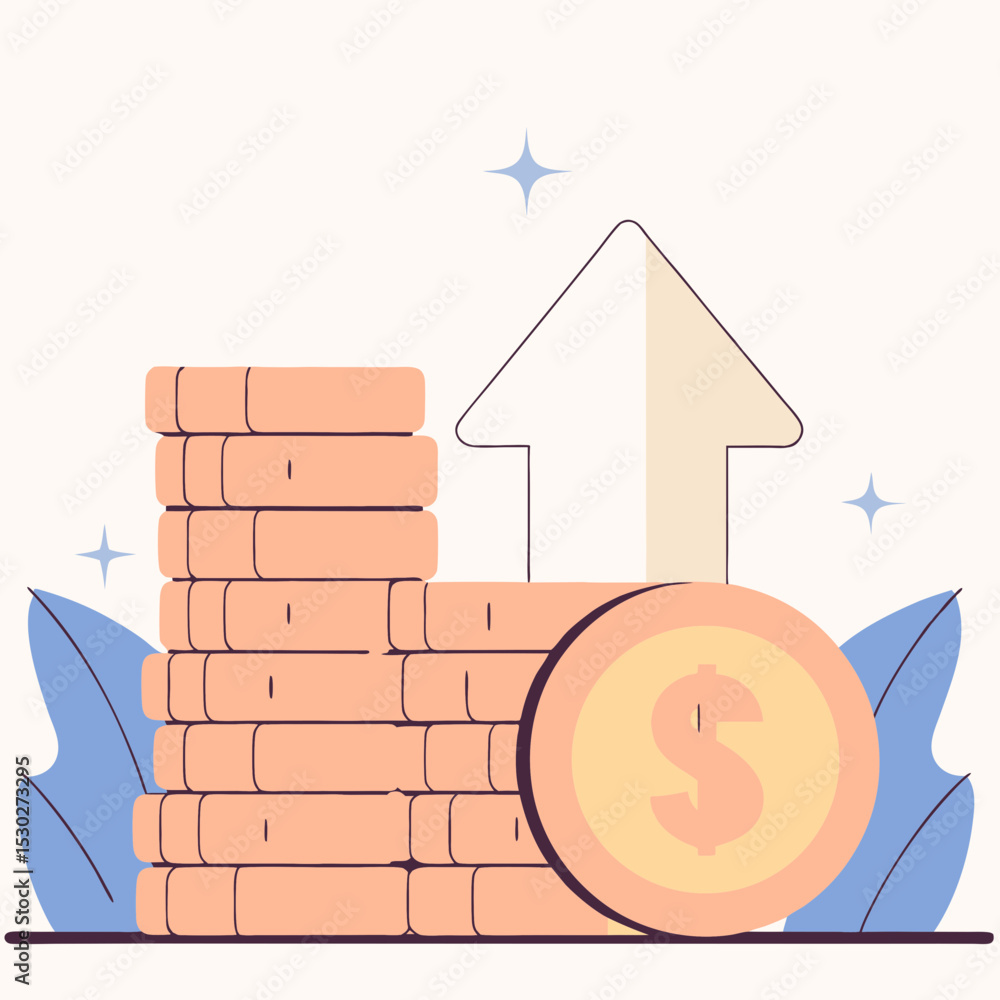 Poster stack of coins with dollar sign and arrow pointing up