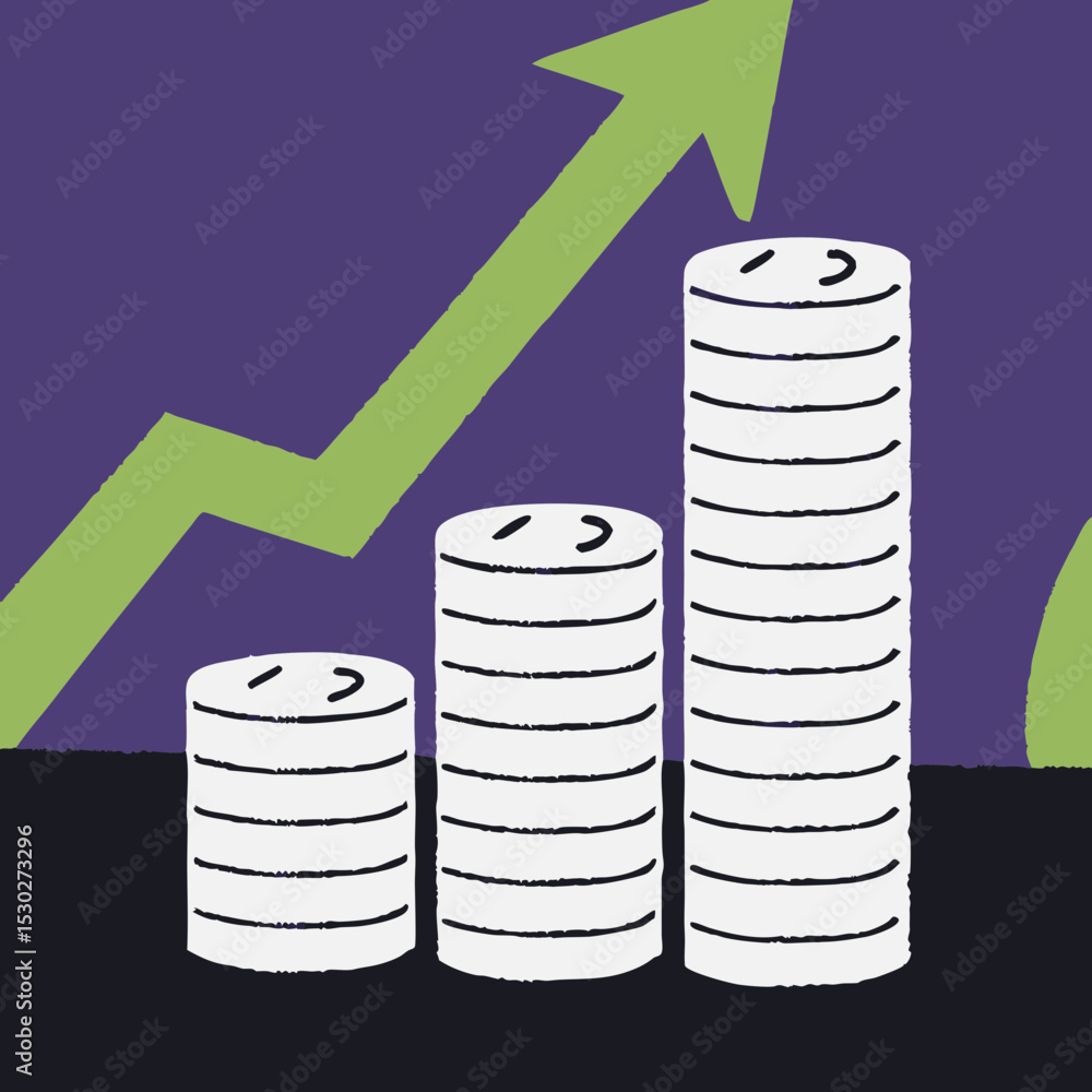Poster stacks of coins with an upward trending green arrow graph