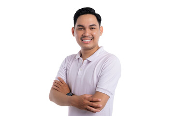 Confident young Asian man in white polo shirt smiling with arms crossed isolated on transparent background
