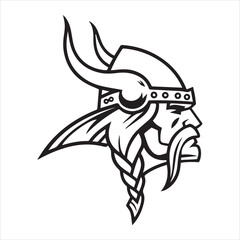 Viking warrior head mascot logo, side profile. Norseman with horned helmet and braided beard. Black and white vector graphic icon for sports or esports team, isolated on white