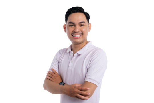 Confident young Asian man in white polo shirt smiling with arms crossed isolated on transparent background