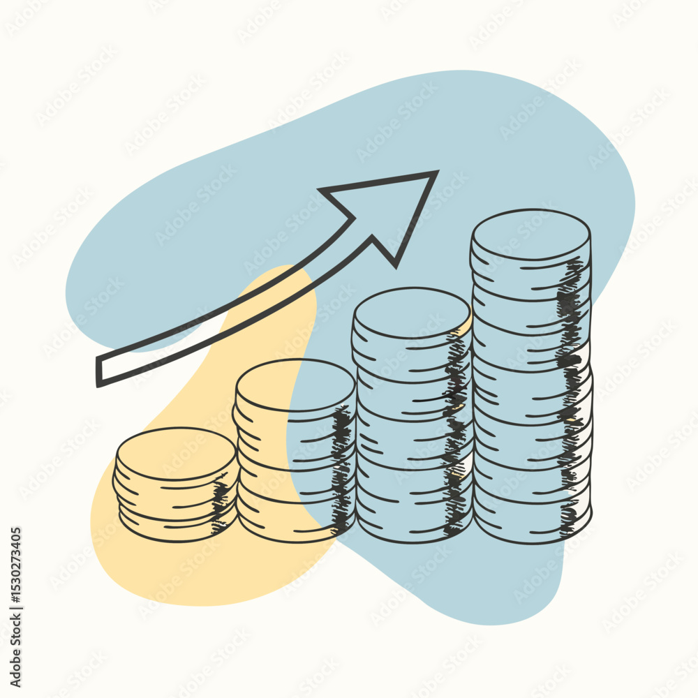 Poster stacks of coins with an arrow showing upward progression