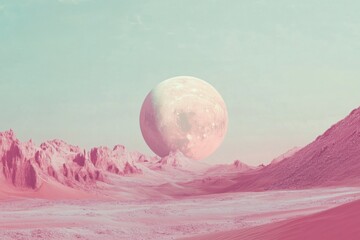 Ethereal cosmic landscape with a large moon surreal desert scene dreamlike atmosphere digital art