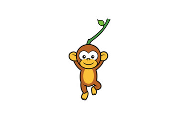 Smiling cartoon monkey hanging on tree branch vector art illustration
