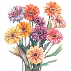 Vibrant Watercolor Gerbera Daisy Bouquet on White