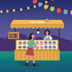 Naklejka premium Cupcake stall. Cupcake stand. People buy cupcake. Night food fair. Muffin stall. Delivery food. Cupcakes display. 