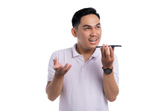 Young Asian man in white polo shirt using voice assistant on smartphone with expressive gesture isolated on transparent background