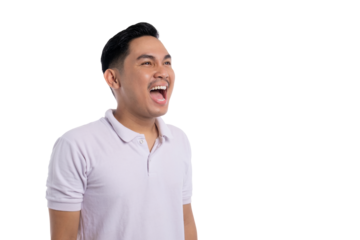 Excited young Asian man in white polo shirt shouting with wide open mouth isolated on transparent background