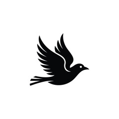 Black Silhouette of a Dove Bird in Flight with Detailed Wing Feathers Against White