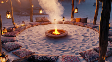 Patterned Rug Circle and Lantern Poles at Dusk Creating Intimate Atmosphere of Sommerwerft Gathering