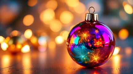 Obraz premium Stunning christmas ornament reflecting festive lights and glowing bokeh effects creating a magical holiday atmosphere, jpg.