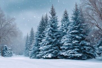 Obraz premium Snowy forest landscape with evergreen trees and falling flakes during winter time