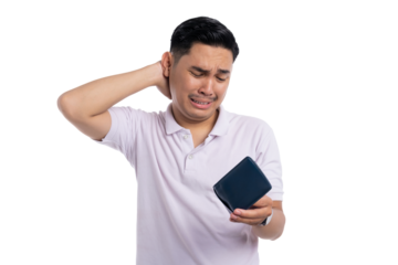 Sad young Asian man in white polo shirt holding empty wallet and touching neck with regretful expression isolated on transparent background