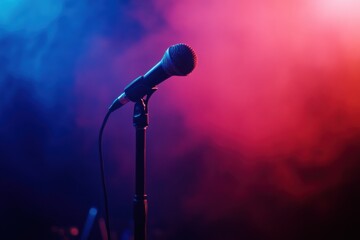 Obraz premium Live music performance with microphone under colorful lights at concert venue capturing the excitement of the event