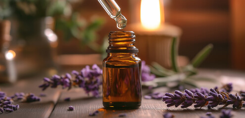 On a wooden table, a dropper dispenses liquid into an essential oil bottle, with lavender and a candle, creating a healing aromatherapy scene