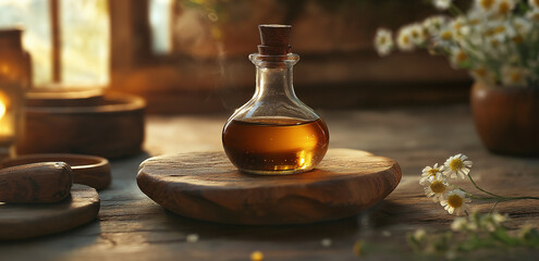 A glass bottle of essential oil on a wooden table, paired with daisies, creating a natural and healing aromatherapy scene