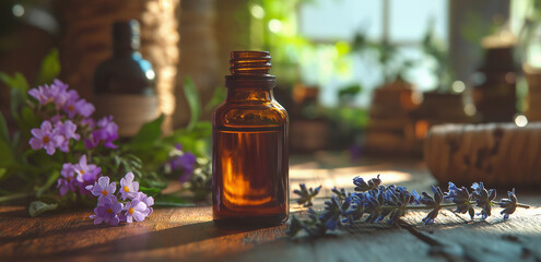 On a wooden table, an essential oil bottle is adorned with purple flowers and herbs, creating a natural and healing aromatherapy scene