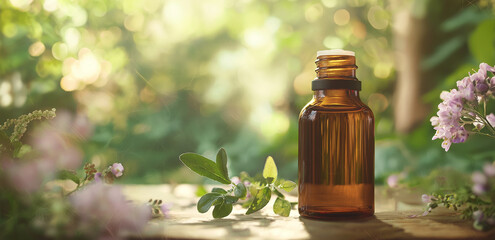 Under natural light, an essential oil bottle on a wooden table with green leaves and flowers, showing a natural healing aromatherapy scene
