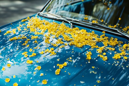 Fototapeta Blue vintage car covered in yellow petals floral decoration