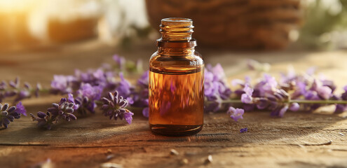 An essential oil bottle surrounded by purple lavender on a wooden table, showing a natural healing aromatherapy scene