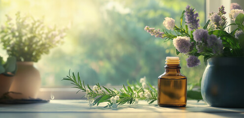 Sunlight shines through the window into the room. Potted plants and an essential oil bottle sit on the windowsill, with hazy greenery outside, peaceful and cozy.