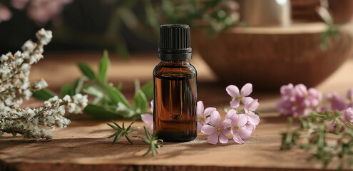 On a wooden table, an essential oil bottle is surrounded by flowers and plants, creating a natural, fresh, healing and relaxing aromatherapy scene