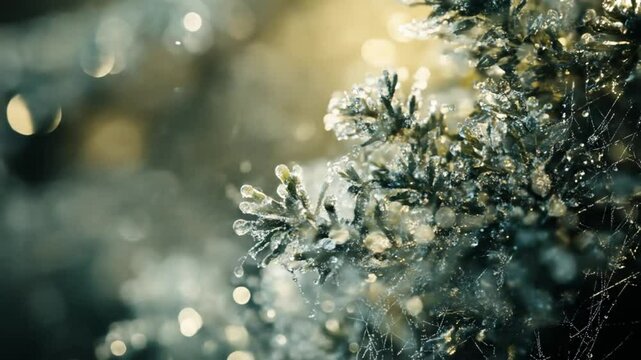 Sparkling ice coats juniper in sunlight