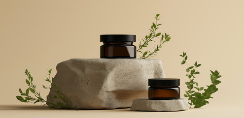 On a light beige background, two cream jars sit on stones, paired with green leaves, creating a minimalist natural atmosphere