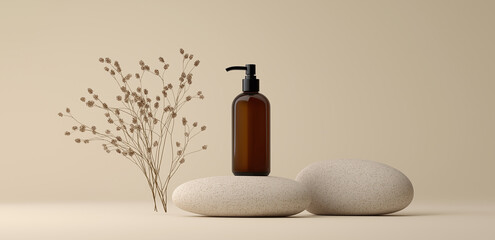 On a light beige background, a pump bottle pairs with pebbles and dried branches, creating a minimalist natural healing atmosphere