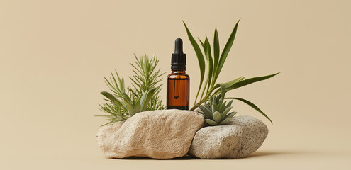 Against a light background, essential oil bottles, stacked stones and herbal plants create a natural - healing wellness atmosphere