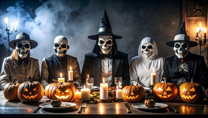Faceless Characters in Costumes Seated at Candlelit Dining Table