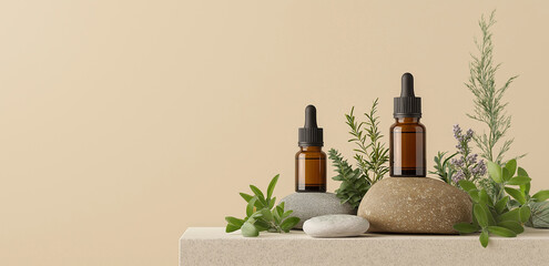 On a light - background tabletop, essential oil bottles, stones and greenery create a natural healing atmosphere