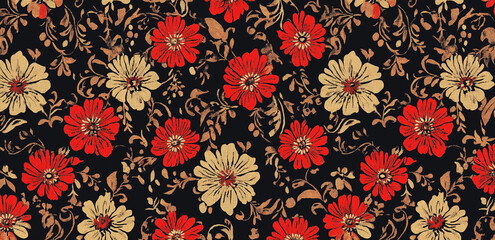 On a dark background, red and beige flowers with leaves form an elaborate and retro floral pattern