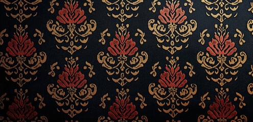On a dark background, symmetrical patterns in gold and red form a retro and luxurious decorative design