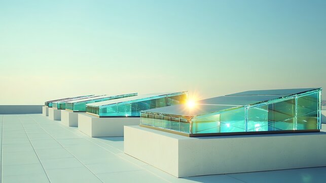 Row of glass skylights on a white flat rooftop