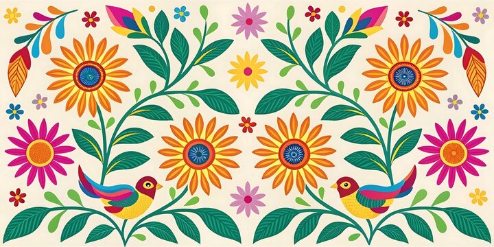 Vibrant Floral and Bird Design in a Mexican Style Pattern