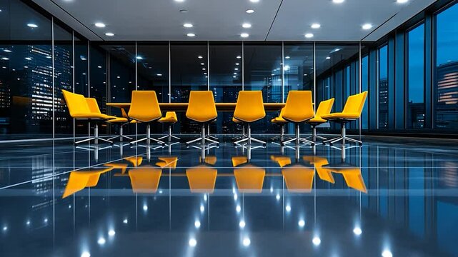 Reflective Modern Conference Room at Night