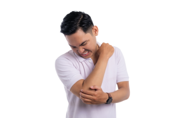 Asian man in white shirt grimacing in pain while holding injured elbow isolated on transparent background