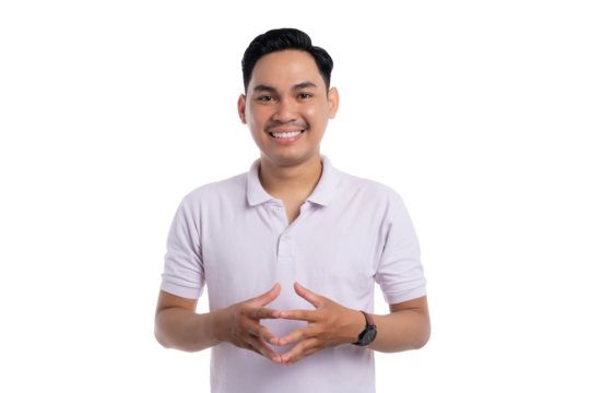 Happy Asian man smiling confidently with hands clasped together while standing in white polo shirt isolated on transparent background
