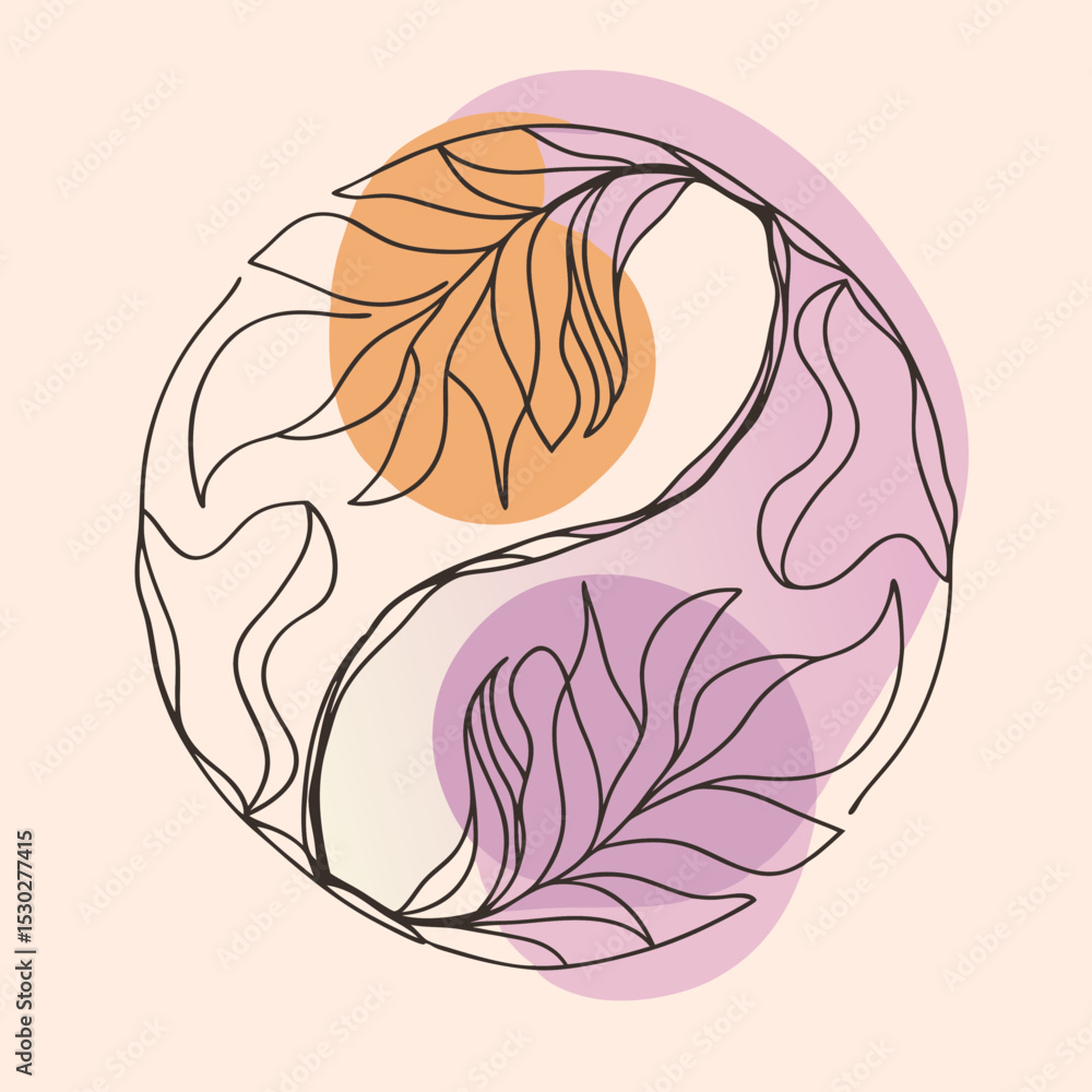 Poster yin yang symbol with leaves and abstract color background