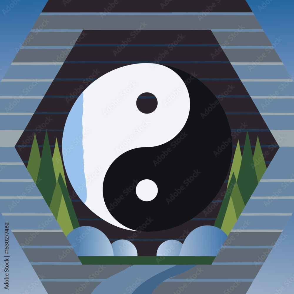 Poster yin yang symbol with landscape in a hexagonal frame