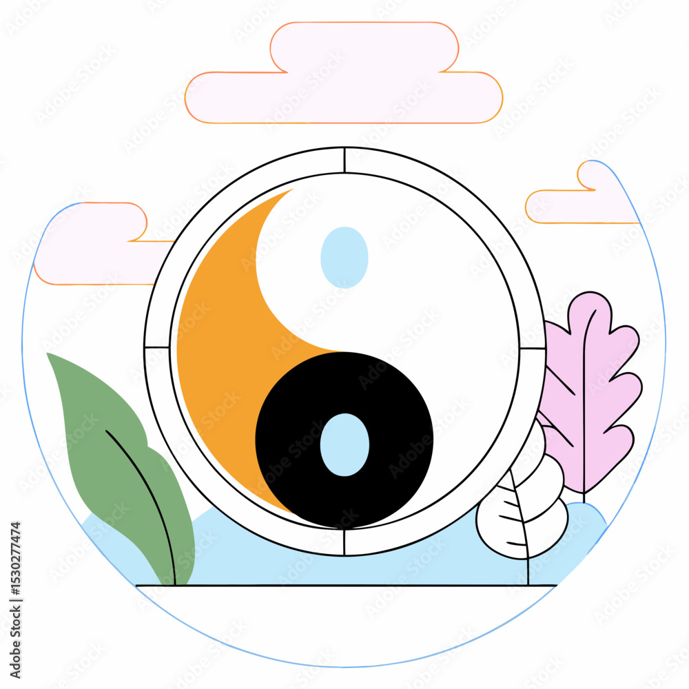 Poster yin yang symbol with plants and clouds in a circle frame