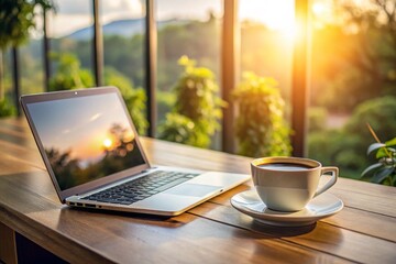 A laptop is open on a wooden table with a white coffee cup on a saucer