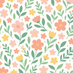 Pastel floral pattern with cute flowers and leaves. Perfect for fabric, wrapping paper, or spring designs.
