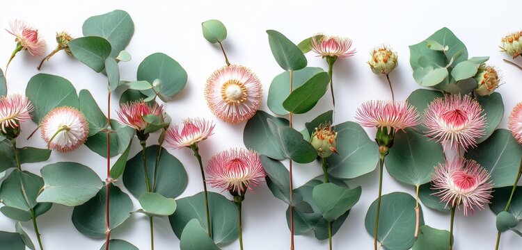 Arrangement of pink eucalyptus flowers and green leaves on a white surface in a flat lay style