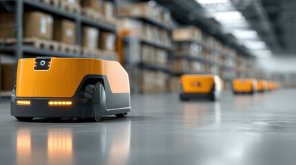 Obraz premium Autonomous robotic vehicles enhance warehouse logistic efficiency through advanced automation improving speed and accuracy material handling tasks.