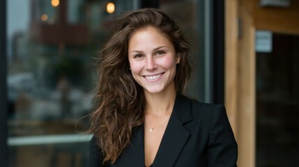 A confident woman smiles warmly in a modern urban setting, showcasing her professional style.