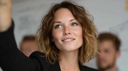A confident woman taking a selfie in a modern workspace with colleagues in the background.